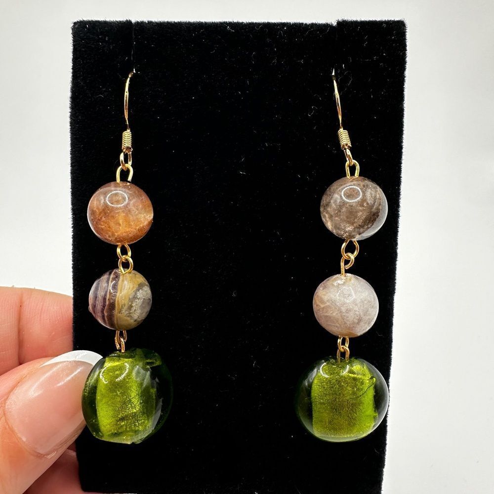 2.5" Green glass and agate stone dangle earrings with gold over 925 hooks!